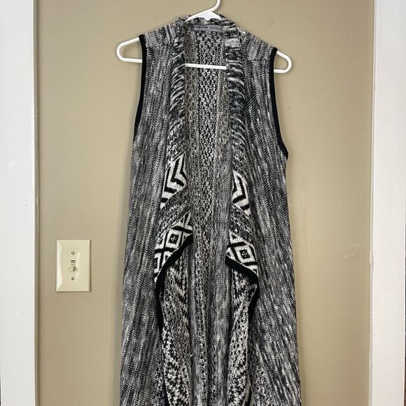 Absolutely Famous Sweaters - LAST CHANCE Absolutely Famous Black Grey White Waterfall Open Front Long Cardiga